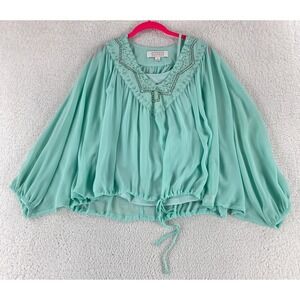 American Glamour Badgley Mischka Shirt Women Large Green Long Sleeve Beaded Boho